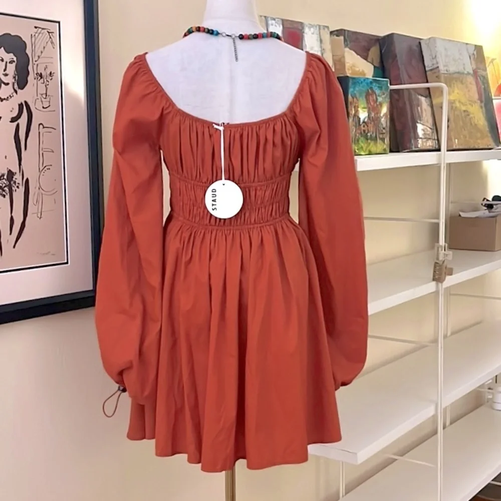 NWT Staud,Form Flattering Bow Dress Puff Sleeve Mini Rust Red, Boho, Lux,Size 6 - Picture 5 of 9